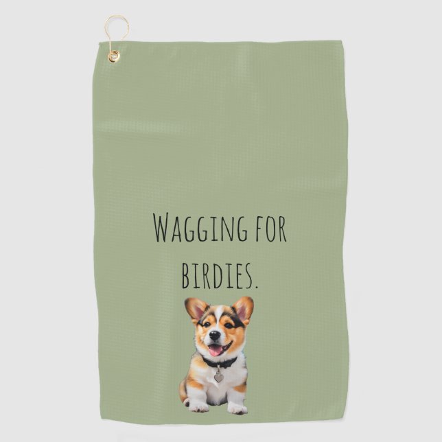 Serviette De Golf Corgi Joyeux et Enjoué 'Remuant pour des Oiselets' (Devant)