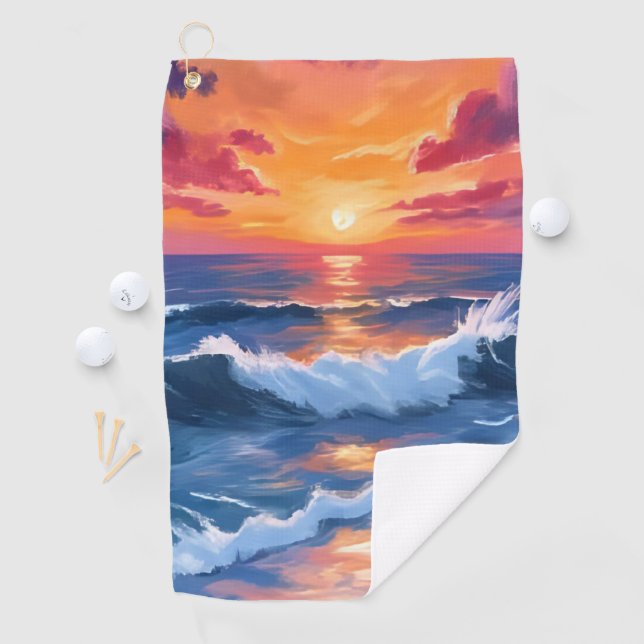 Serviette De Golf Coucher de soleil océanique Vagues de plage Aquare (En situation)