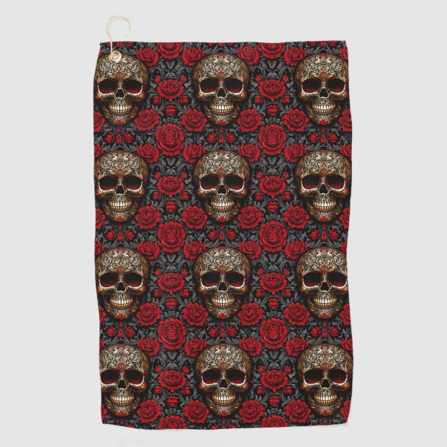 Serviette De Golf Crâne Dia de los Muertos avec Roses rouges (Devant)