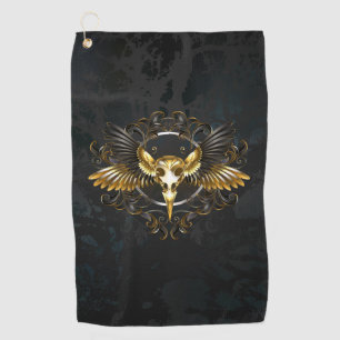 Serviette De Golf Crâne d'oiseaux dorés sur arrière - plan noir