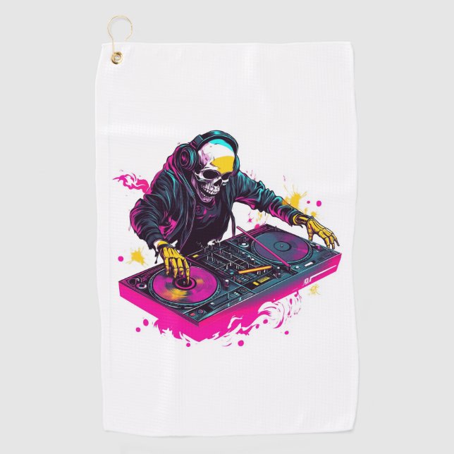 Serviette De Golf Crâne rave - EDM Party Skeleton DJ (Devant)