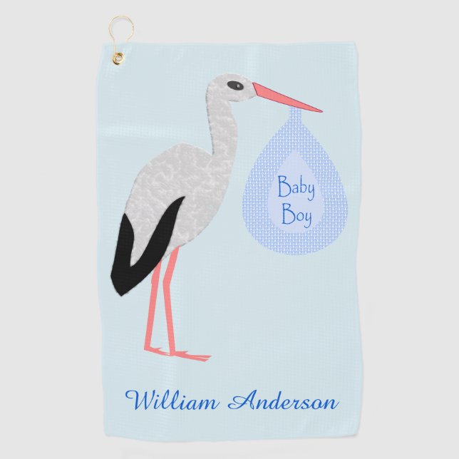 Serviette De Golf Cute Blue Baby Boy Stork Custom (Devant)