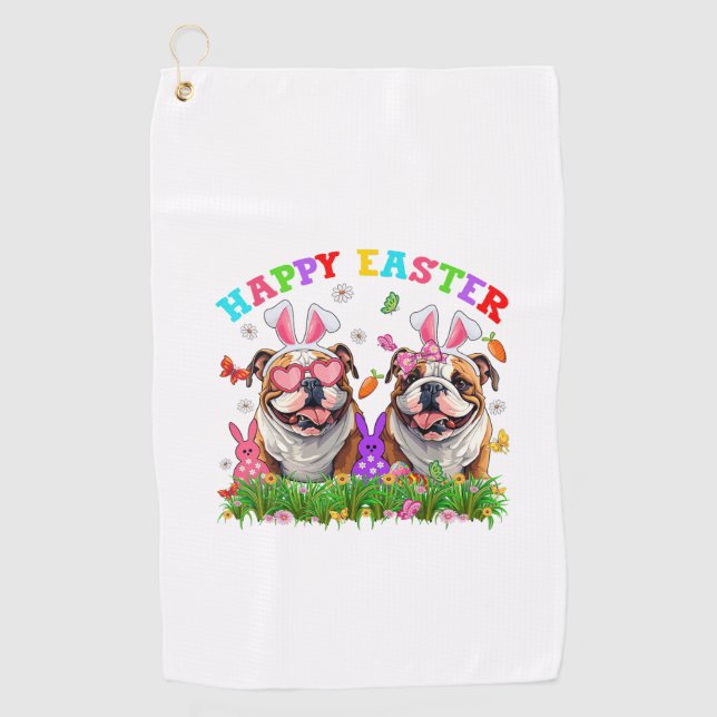Serviette De Golf Cute English Bulldog Dog & Bunny Ears Eggs Happy E (Devant)