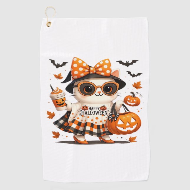 Serviette De Golf Cute Halloween Chat - Kawaii Witch Kitty avec Pump (Devant)