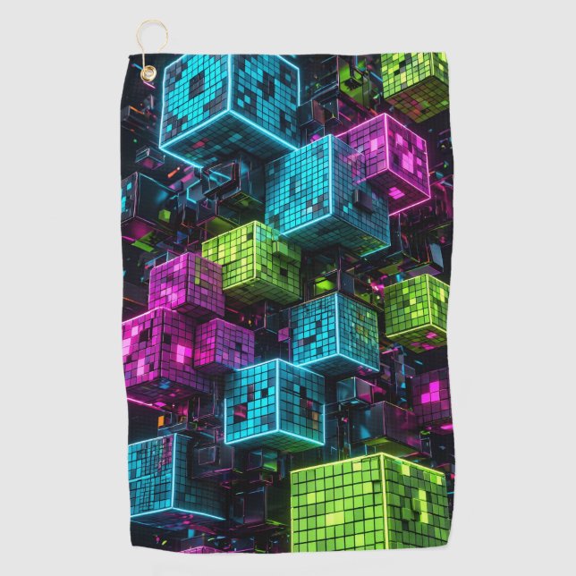 Serviette De Golf Cyan Magenta Lime Cyberpunk | Extrêmement 3D  (Devant)