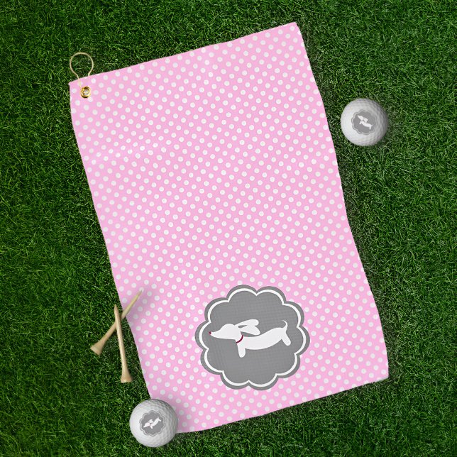 Serviette De Golf Dachshund Pink Polka Dot Golf Serviette pour Doxie (Pink polka dot dachshund golf towel - for doxie moms who love to add a splash of doxie style.)