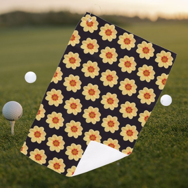 Serviette De Golf Dahlia jaune motif floral sur noir (In Situ Golf)