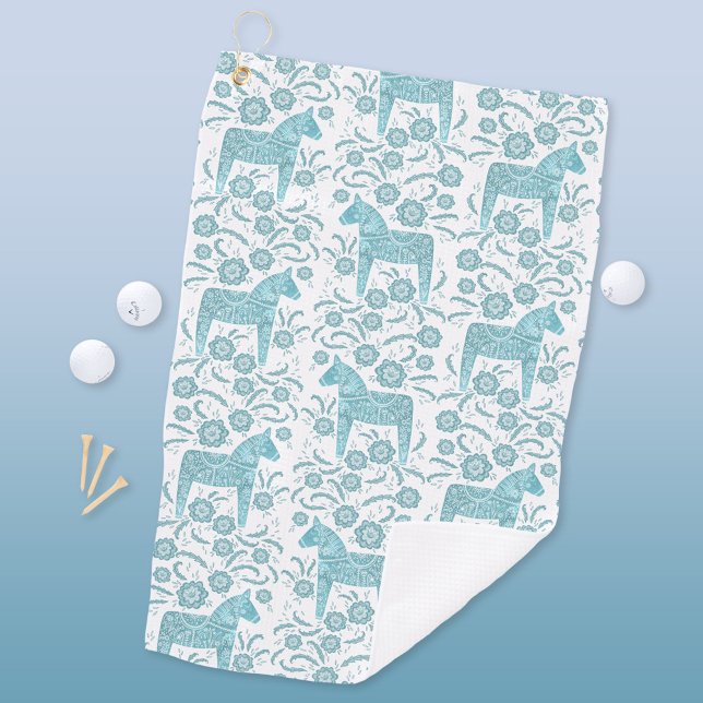 Serviette De Golf Dala suédois Cheval Turquoise Green Folk Art Golf  (Swedish Dala Horse teal green and white folk art golf towel)