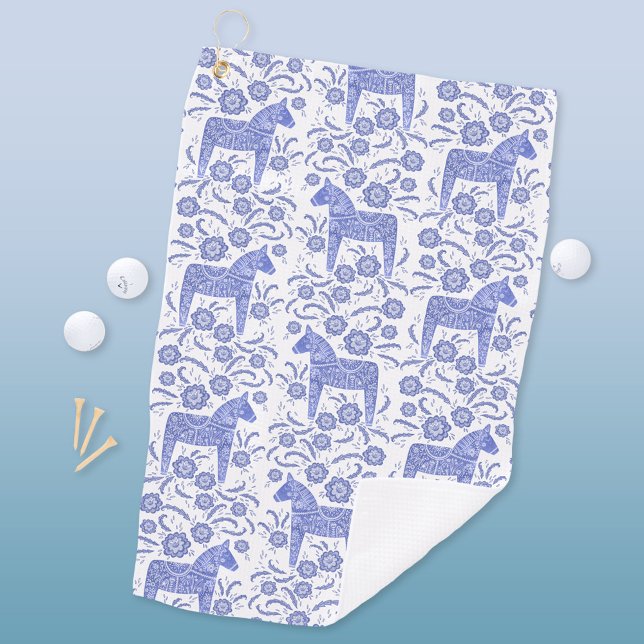 Serviette De Golf Dala suédoise Horse Indigo Blue Folk Art Golf Serv (Swedish Dala Horse blue and white pattern golf towel)