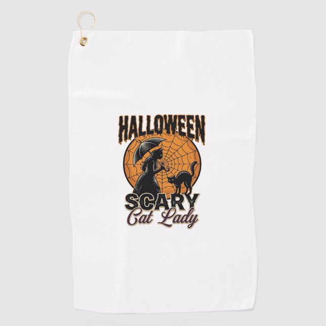 Serviette De Golf Dame de chat effrayante Halloween Sorcière Web Vin (Devant)