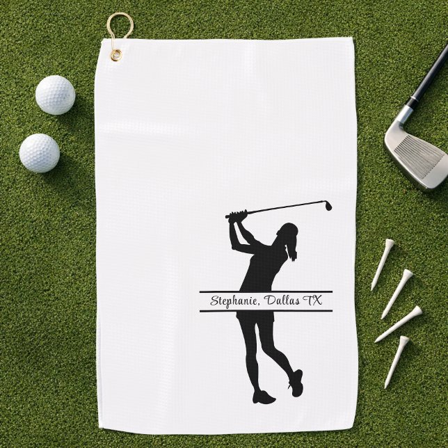 Serviette De Golf Dame Golfeuse Silhouette Monogramme Nom Ville (Personalize with Name, City, State)