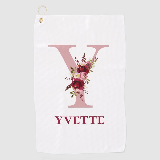 Serviette De Golf Dames Blush Rose Floral Initiale Y et Nom (Devant)