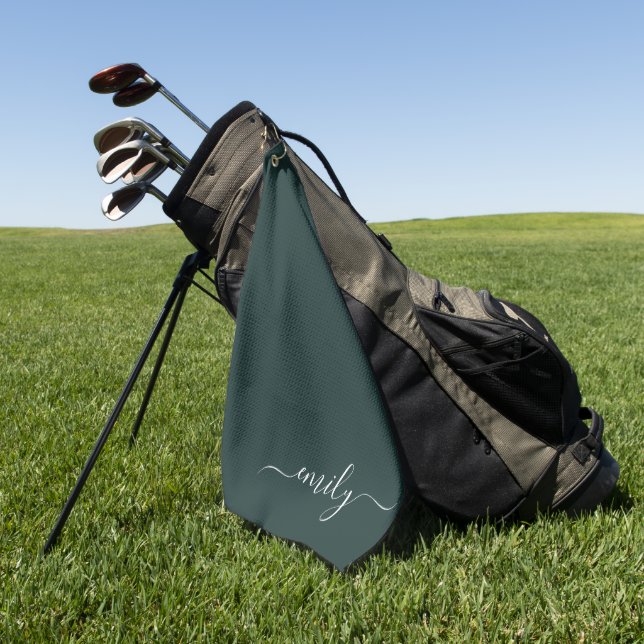Serviette De Golf Dark Green Modern Script Nom du monogramme (Vert)