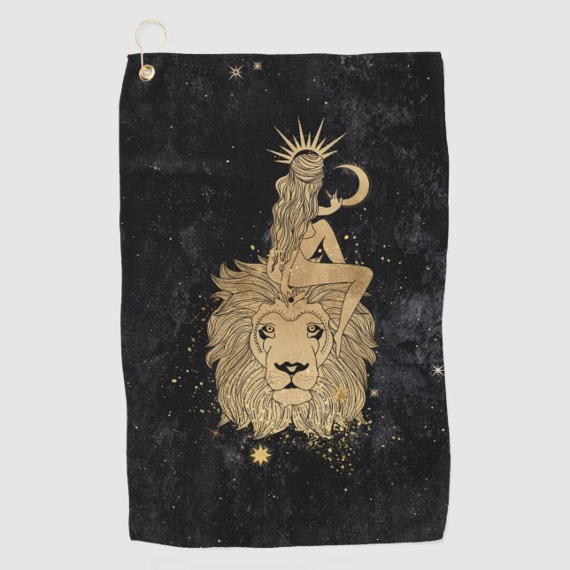 Serviette De Golf Déesse du Zodiaque | Astrologie Cosmic Gold Leo (Devant)
