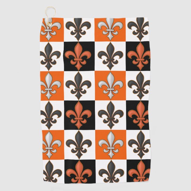Serviette De Golf Design Orange Noir Blanc À damiers Fleur de lis (Devant)