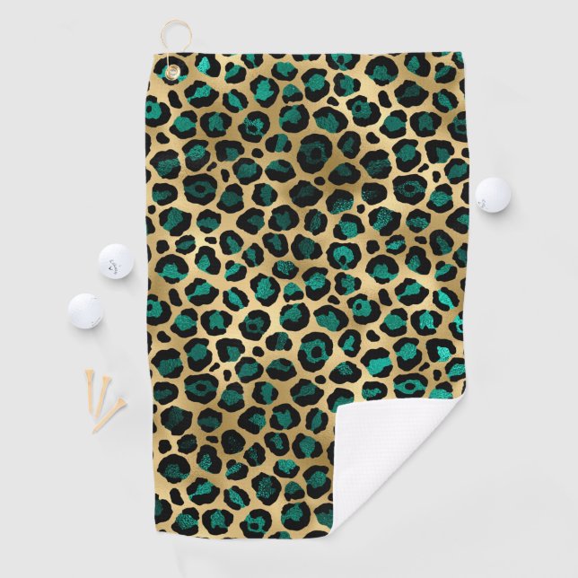 Serviette De Golf Design turquoise et Gold Leopard Series 14 (En situation)