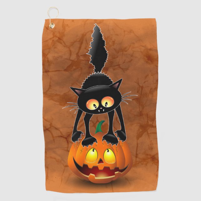Serviette De Golf Dessin d'Halloween au chat effrayé sur Citrouille (Devant)