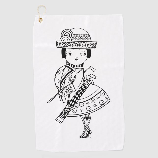 Serviette De Golf Dessin noir et blanc d'une femme tenant (Devant)