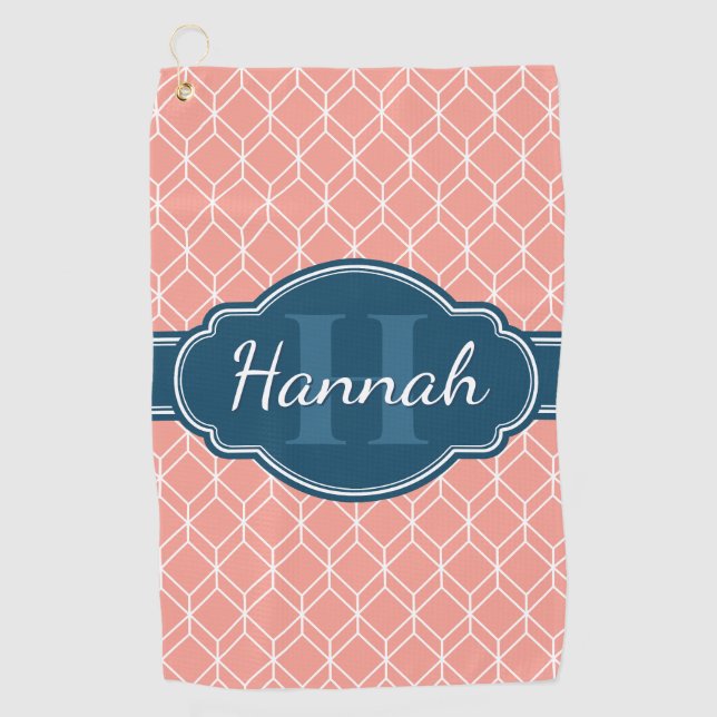 Serviette De Golf Diamant géométrique rose Motif Monogramme bleu (Devant)