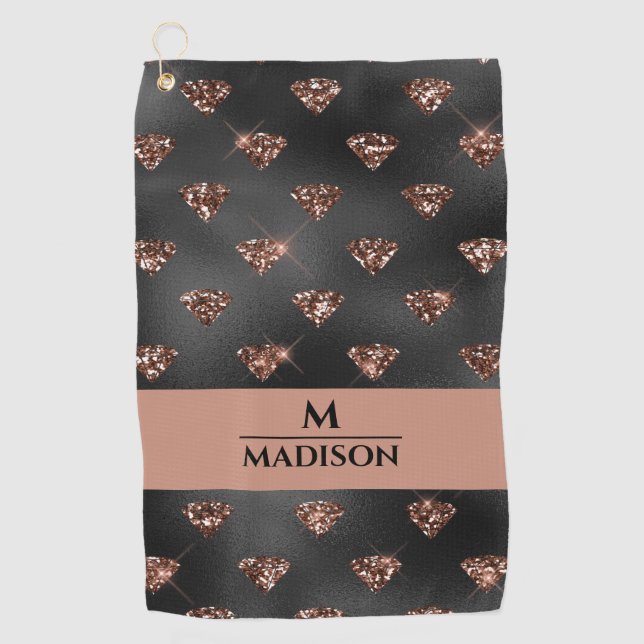 Serviette De Golf Diamants de Parties scintillant or rose sur Monogr (Devant)