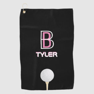 Serviette De Golf do-it-yourself nom & initial blanc & rose, balle d