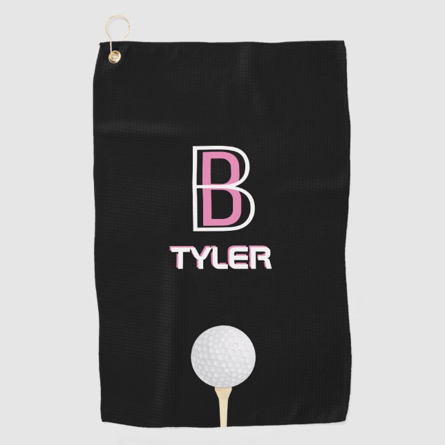 Serviette De Golf do-it-yourself nom & initial blanc & rose, balle d (Devant)
