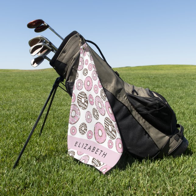Serviette De Golf Donuts Roses, Donuts Blancs, Sprinkings, Votre Nom (Vert)