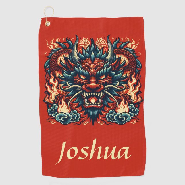 Serviette De Golf Dragon chinois avec flammes (Devant)