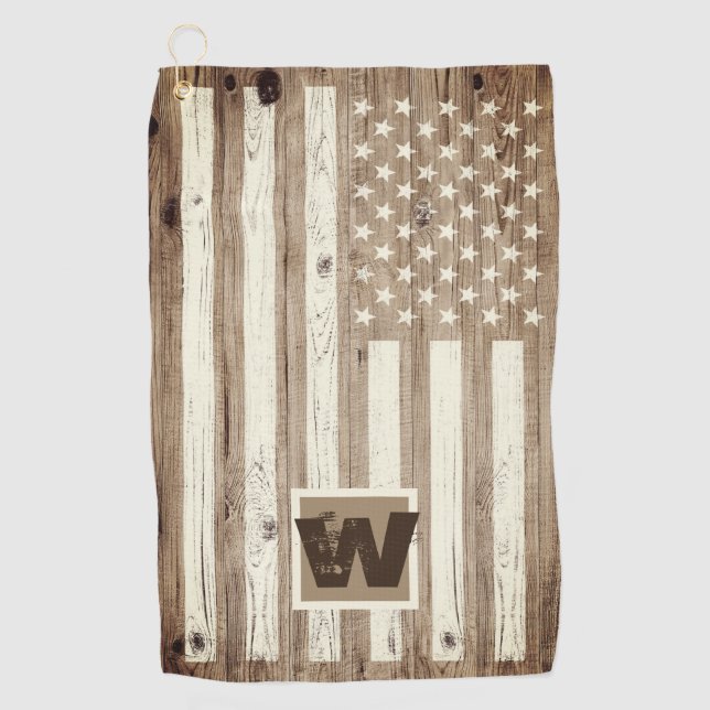 Serviette De Golf Drapeau USA en bois rustique avec monogramme (Devant)
