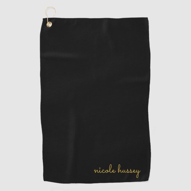 Serviette De Golf Écriture noire et or | Monogramme moderne élégant (Devant)