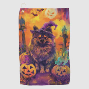 Serviette De Golf Éffrayant Keeshond Chien Halloween sorcière et Cit