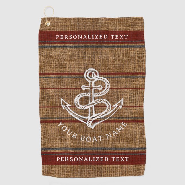 Serviette De Golf Élégant Burlap Ancre Nautique Nom de bateau Person (Devant)
