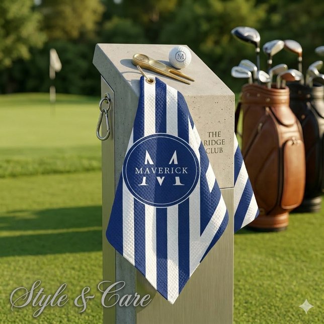 Serviette De Golf Elegant Custom Name and Initials Navy White Stripe (Elegant Custom Name and Initials Navy White Stripe Golf Towel)