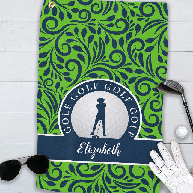 Serviette De Golf Elégant Golfer Moderne Mongrammed Nom Vert Bleu (Custom Golfer Silhouette Chic Pattern Green Blue Golf Towel)
