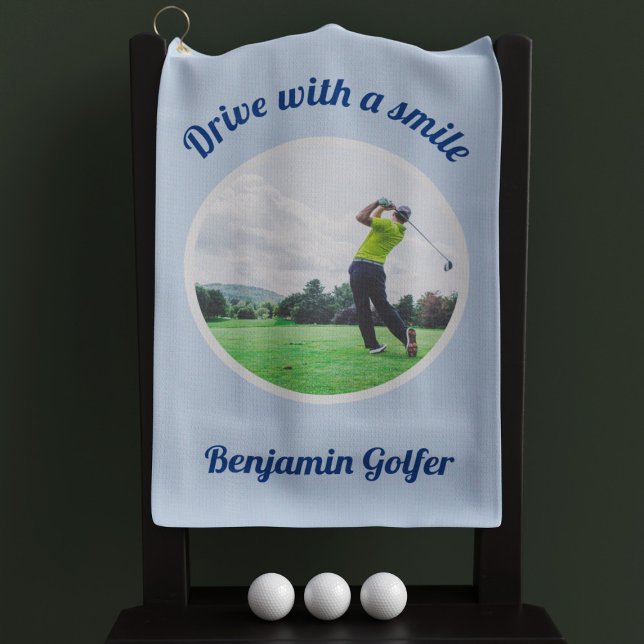 Serviette De Golf Elégant Golfeur Nom photo Blue Golf Towel (You should always drive with a smile! )