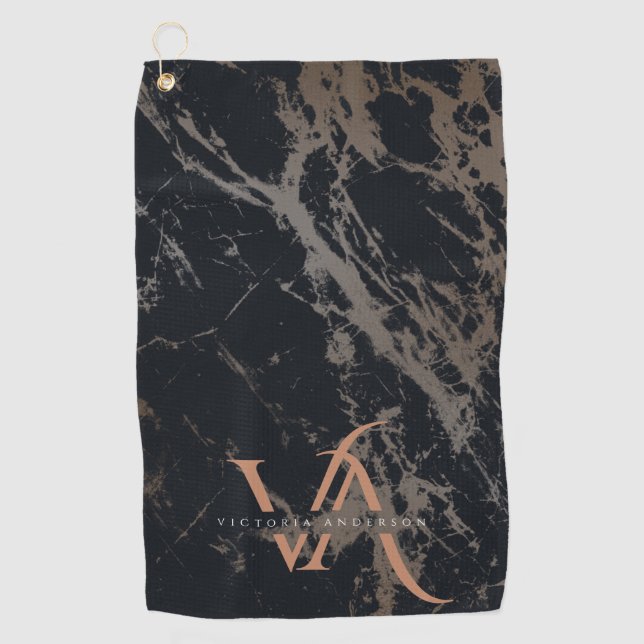 Serviette De Golf Élégant marbre foncé Rose or Monogramme personnali (Devant)