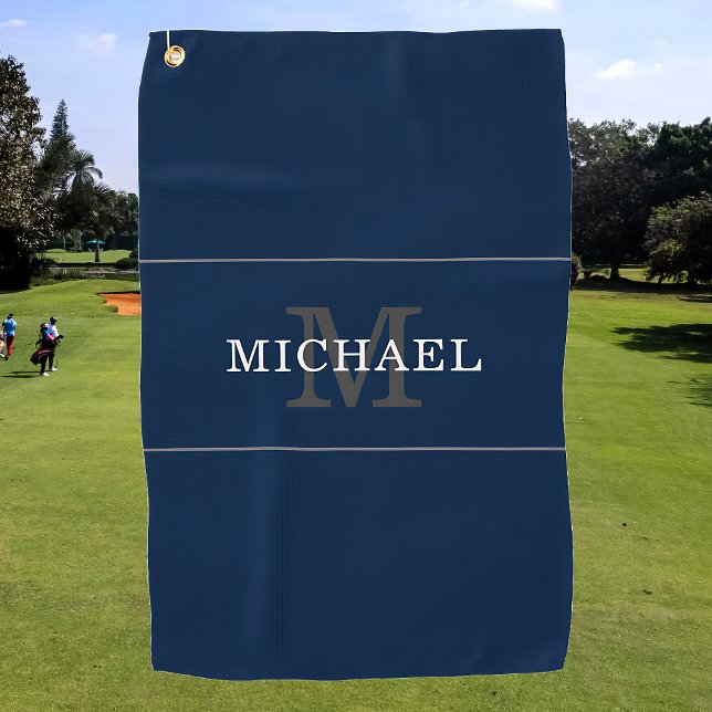 Serviette De Golf Elégant Marine Blue Silver Monogramme Nom personna (Créateur téléchargé)
