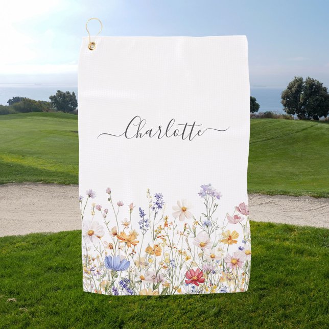 Serviette De Golf Elegant Monogram Watercolor Colorful Wildflower (In situ)