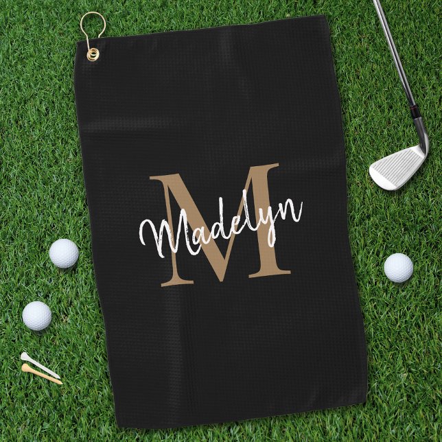 Serviette De Golf Élégant Monogramme Black Gold Girly Nom de script (Créateur téléchargé)
