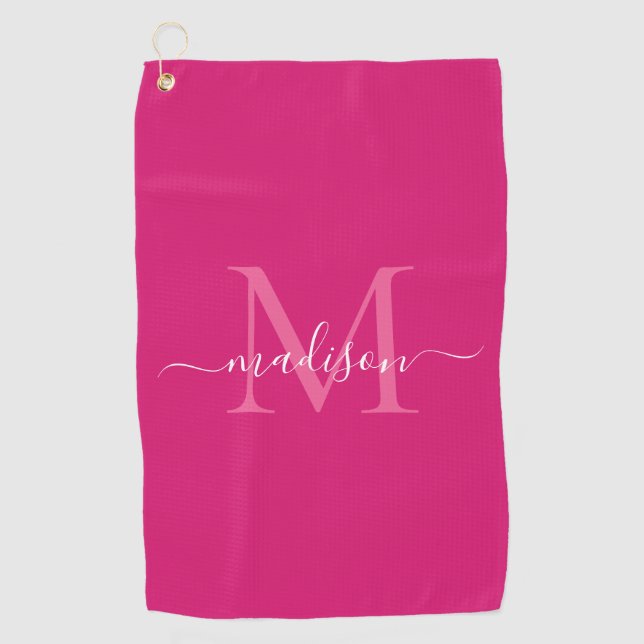 Serviette De Golf Élégant Monogramme Magenta Rose White Girly Script (Devant)