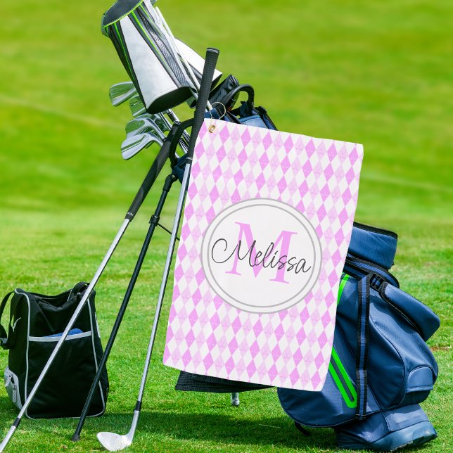 Serviette De Golf Élégant Monogramme Rose Golf Motif Diamant Argyle  (Créateur téléchargé)
