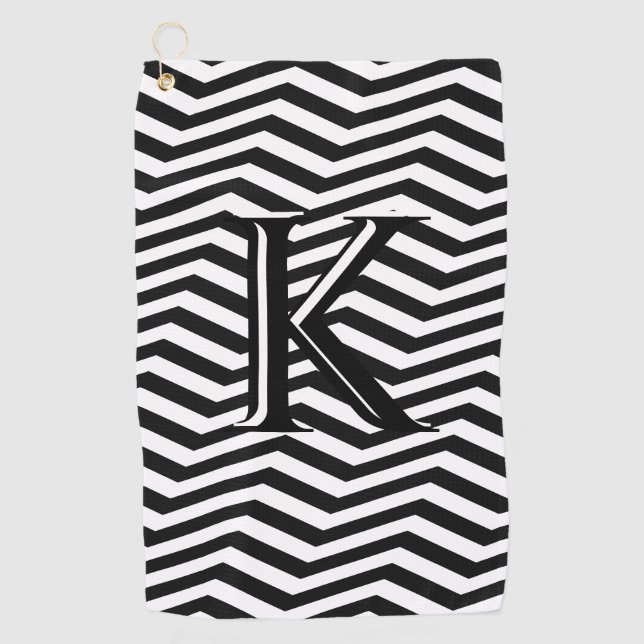 Serviette De Golf Élégant noir blanc Chevron Stripe Monogramme perso (Devant)