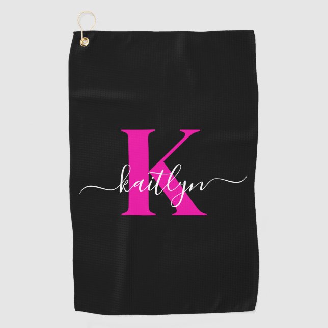 Serviette De Golf Élégant Noir Hot Rose Script Monogramme (Devant)