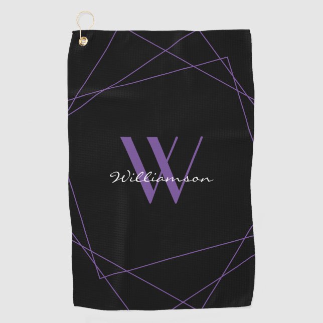 Serviette De Golf Élégant script de nom de monogramme violet noir (Devant)