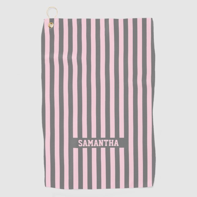 Serviette De Golf Élégantes rayures rose et gris Monogrammé personna (Devant)