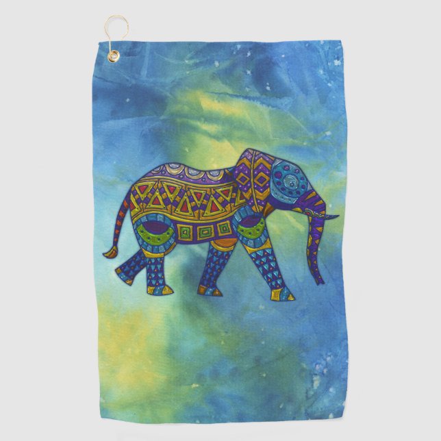 Serviette De Golf Éléphant psychédélique sur l'espace bleu-vert (Devant)