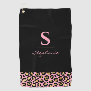 Serviette De Golf Empreinte de léopard rose et or Monogramme   Bloc