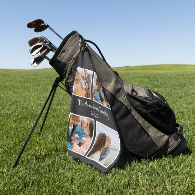 Serviette De Golf Famille personnalisée 4 photo collage modèle (Vert)