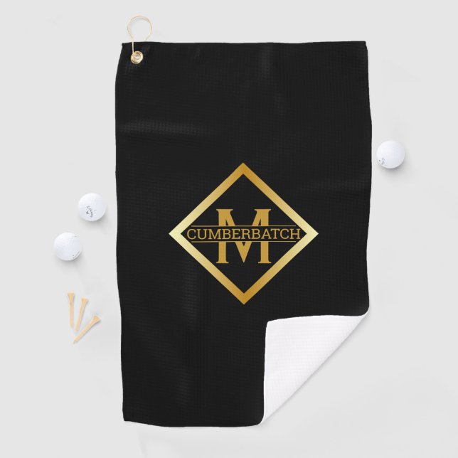 Serviette De Golf Faux Monogramme Or – Noir & Or (En situation)