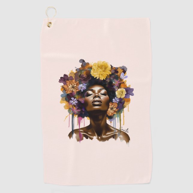 Serviette De Golf Femme afro-américaine aux cheveux noirs floraux (3 (Devant)
